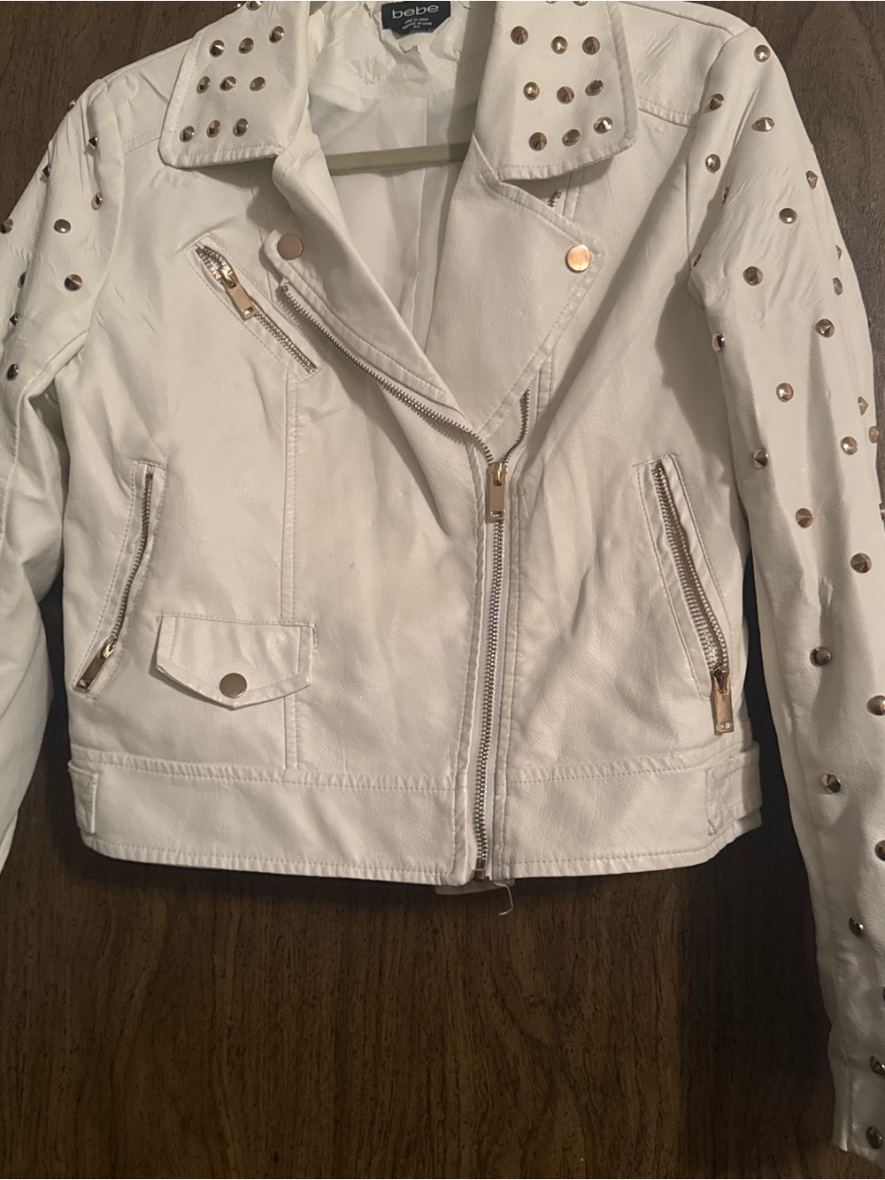 bebe White Studded Faux Leather Moto Jacket with Gold Hardware